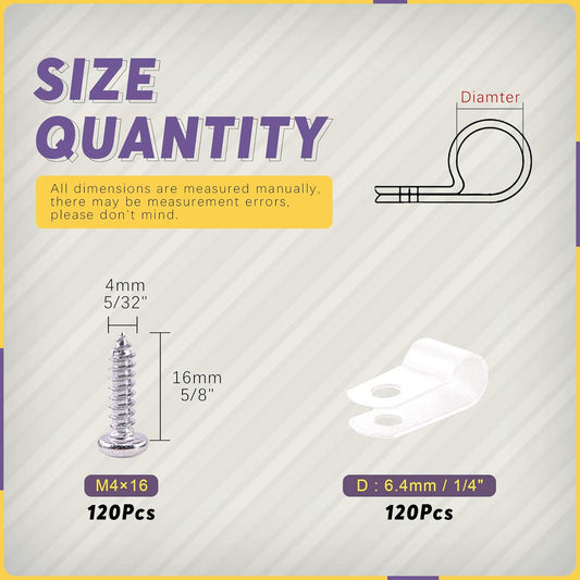 Swpeet 120 Pack White 1/4 Inch Nylon Plastic R-Type Cable Clips Clamp Kit, Nylon Screw Mounting Cord Fastener Clips with 120 Pack Screws for Wire Management (1/4 Inch, White)
