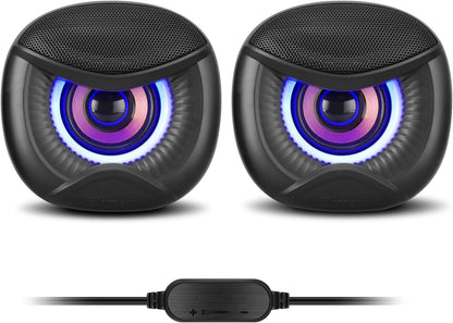 USB Powered Computer Speakers with RGB Blue Lighting 2.0 Stereo Sound System, Headphone Jack, Plug and Play, Works with PC/Laptop (USB-C Adapter Included)