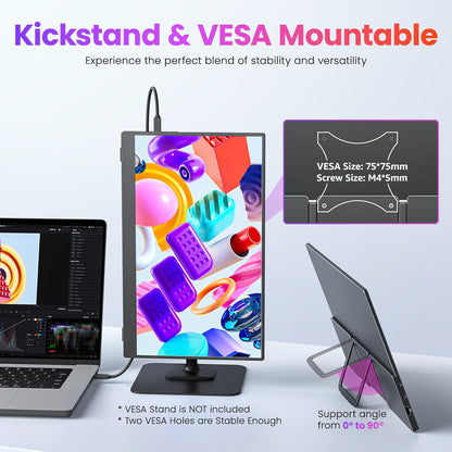 Portable Monitor 15.6 Inch FHD 1080P HDR IPS Travel Monitor with Speakers HDMI USB-C Second Screen for MacBook Laptop Surface Xbox PS4/5, External Display with Kickstand, VESA Compatible