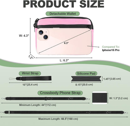 Clip and Go Strap for Phone with Wallet Crossbody, Adjustable Phone Lanyard with Detachable RFID Wristlet Wallet & Ultra-Thin 360° Rotatable Metal Tabs for All Smartphones (Pink)