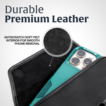 Turtleback Belt Holder for iPhone 16 Pro, 16e, 15 pro 14 Pro 13 Pro -Medium- Fits w/Shockproof Commuter Style Cases, Premium Black Leather Horizontal Case, Magnetic Closure, Leather Wrapped Clip
