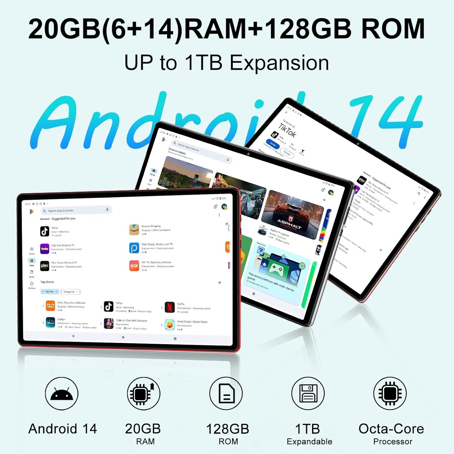 Android 14 Tablet 10 Inch Tablets, 20GB+128GB/1TB Expandable, Tablets with Octa-Core, WiFi 6, Dual Camera, BT 5.0, 6000mAh Battery, HD IPS Display, Widevine L1, Tablet with Keyboard Mouse - Red