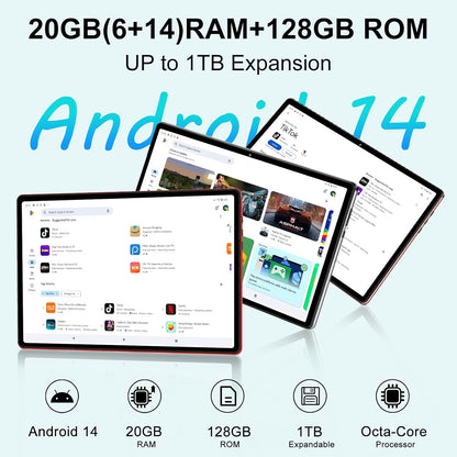 Android 14 Tablet 10 Inch Tablets, 20GB+128GB/1TB Expandable, Tablets with Octa-Core, WiFi 6, Dual Camera, BT 5.0, 6000mAh Battery, HD IPS Display, Widevine L1, Tablet with Keyboard Mouse - Rose Gold
