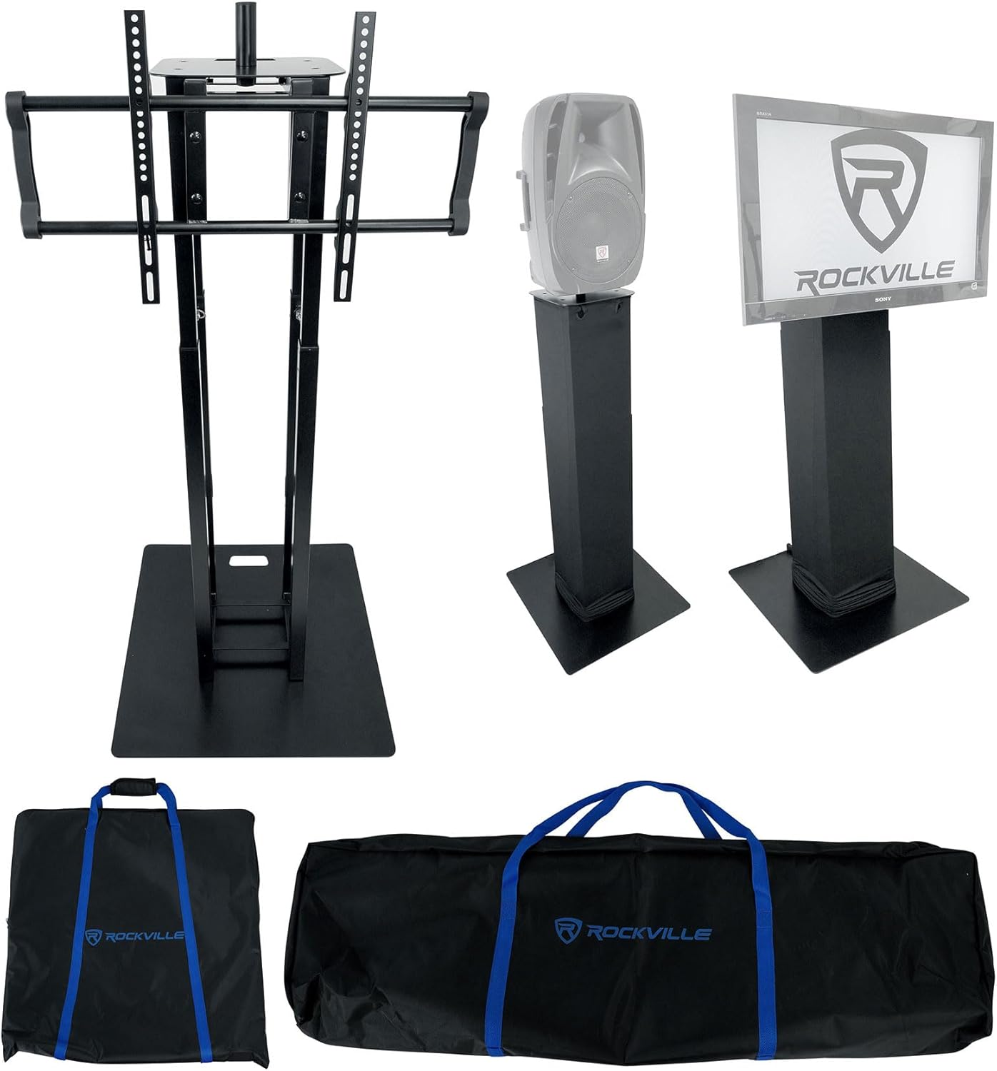 Rockville RTP33-TV Black Totem DJ Speaker/Lighting Stand, Detachable TV Mount, Adjustable Height, Stable Base, for DJs and Event Professionals