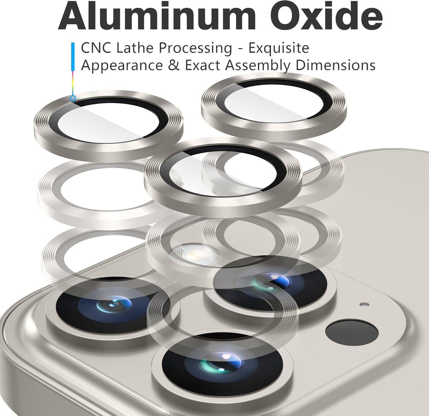 AGVEE 3+3 Camera Lens Protector for iPhone 15 Pro 6.1" / 15 Pro Max 6.7", Brushed Metal Ring 9H Tempered HD Glass Camera Protector Cover Film, Original