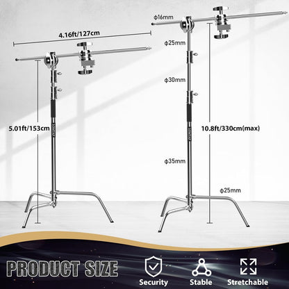 LOMTAP C Stand Light Stand Stainless Metal Photography Kit - Heavy Duty 10.8ft/330cm Vertical Pole, 4.2ft/128cm Boom Arm, Adjustable Base, Water Sandbag, 2 Grip Heads, 3 Clips for Softbox, Reflector