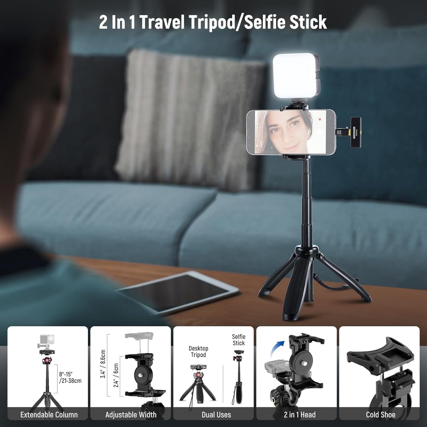 NEEWER Vlogging Kit for Phone with RGB LED Light/Lavalier Wireless Microphone System/Selfie Stick Phone Tripod, Content Creator Essentials for iPhone Android Podcast YouTube, PA048