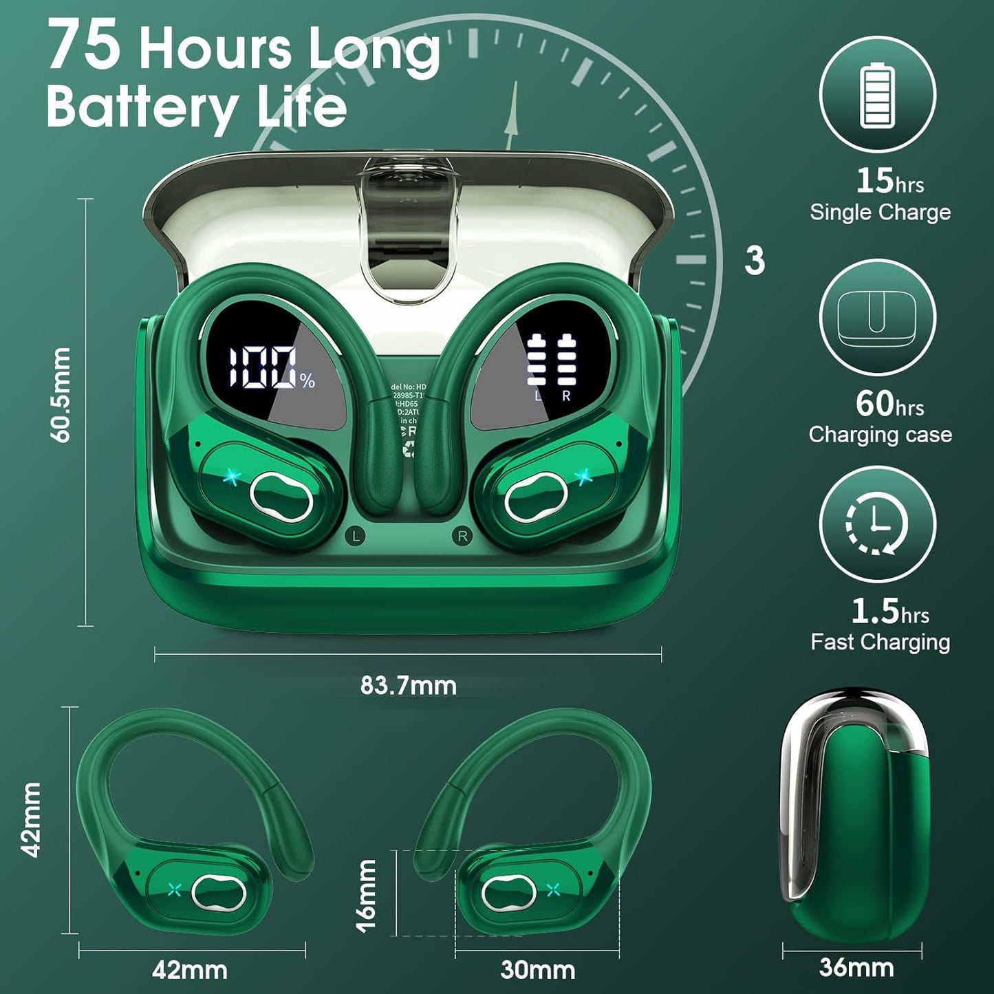 Wireless Earbuds 75hrs Bluetooth 5.4 Headphone Sport, 2025 Bluetooth Earbuds Stereo Deep Bass Over Ear Bud with Earhooks, ENC Noise Cancelling Mic, IPX7 Waterproof Earphone, Dark Green