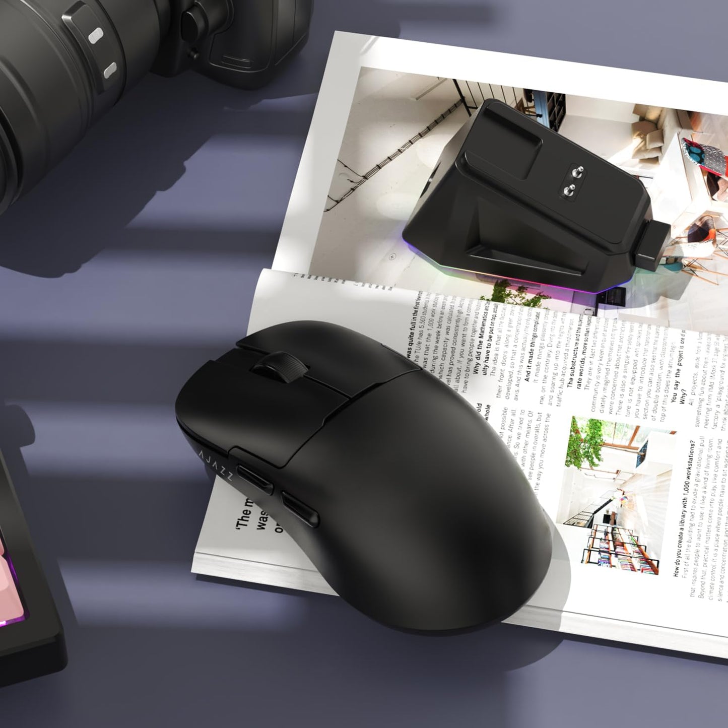 AJ159P MC Triple Mode (2.4G/Wired/Bluetooth 5.2) Gaming Mouse, 12000 DPI, 56g Ultra-Light, Magnetic RGB Charging Dock, Programmable 6 Buttons, Ergonomic Design for Computer Laptop PC, Black