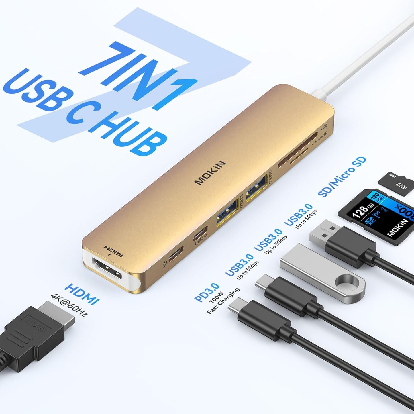 USB C Hub HDMI Adapter for MacBook Pro/Air, MOKiN 7 in 1 USB C Dongle with HDMI, SD/TF Card Reader, USB C Data Port,100W PD, and 2 USB 3.0 Compatible for MacBook Pro/Air, Dell XPS, Lenovo Thinkpad.