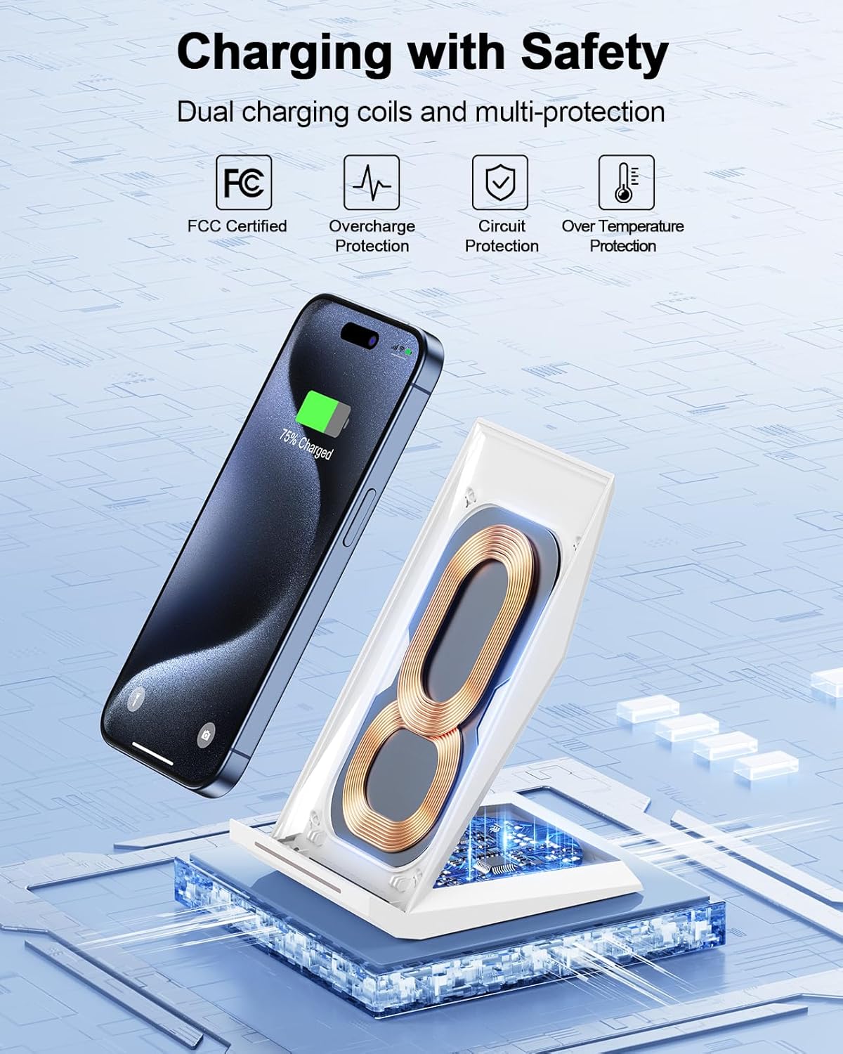 NANAMI Fast Wireless Charger - Qi Certified Charging Stand 7.5W Compatible iPhone 16/16 Plus/16 Pro/16 Pro Max/15/14/13/12,10W for Samsung Galaxy S24/S24 Ultra//S23/S22/21/S20 and Qi-Enabled Phones
