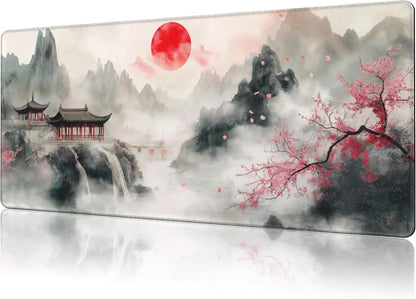 Mouse Pad Large Chinese Landscape Painting Non-Slip Game Desk Mat with Stitched Edge Laptop Keyboard Desk Pad for Work Home Gaming (35.4 x 15.7 Inches)