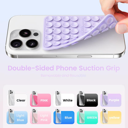 2PCS Silicone Suction Cup Phone Case Mount Double Sided, Hands-Free Phone Accessories Holder for Selfies and Videos, Silicon Sticky Phone Grip for iPhone and Android Transparent&Lavender