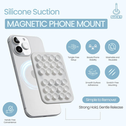 SUCKY Silicone Suction Phone Case Adhesive Mount - Anti-Slip Holder, Hands-Free Fidget Toy, Phone Accessory for iPhone and Android (Crystal White, Magnetic)