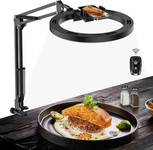 Overhead Camera Mount with Ring Light Phone Holder,10" LED Ring Light for Desk with Stand and Remote for iPhone,Phone Tripod with Light for Video Recording TikTok Live Stream Cooking Kitchen Vlogging