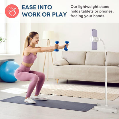 LEVO Adjustable Height Floor Stand for Tablet & Phone - Gooseneck Holder Mount with Stable Base - Compatible with All Cell Phones & Tablets (4-13 inch) - White