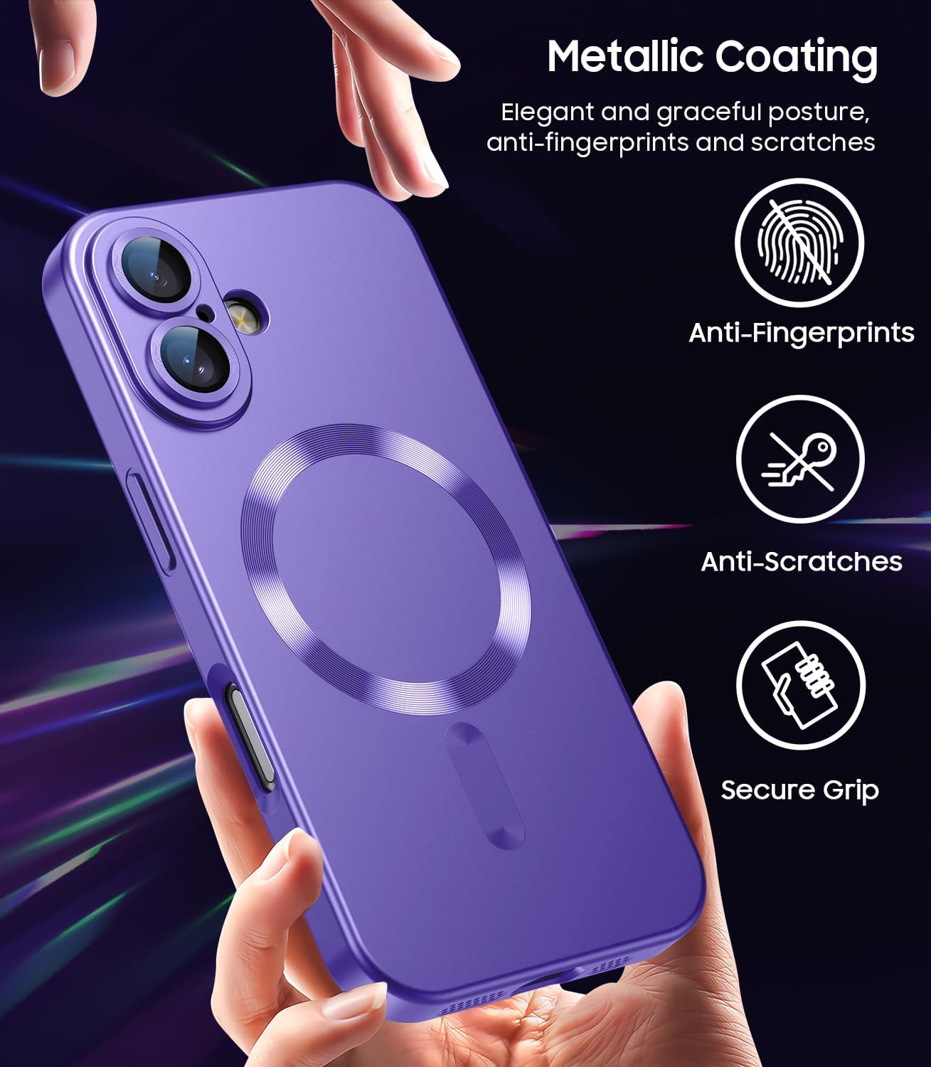 Magnetic for iPhone 16 Plus Case [Compatible with MagSafe][Built-in Camera Lens Protector] Slim Soft Silicone Bumper Shockproof Metallic Luster Phone Case (Purple)
