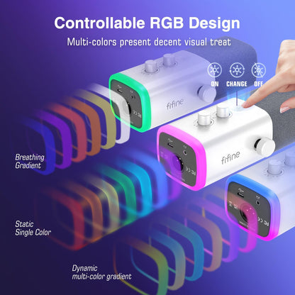 FIFINE XLR/USB Gaming Microphone for Streaming Podcasting, PC Computer RGB Mic, with Gain Knob, Mute Button, Monitoring Jack, Gamer Mic for Recording Video Creation-AmpliGame AM8 White