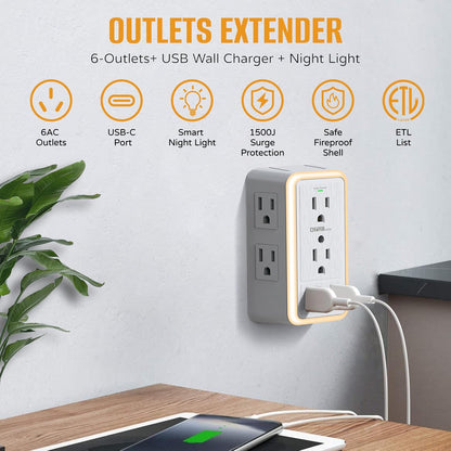 USB Wall Charger Surge Protector, Super Electro 6 Outlet Extender with 3 USB Charging Ports (5V 3.4A Total) and Night Light, 3-Sided 1500J Multi Plug Wall Outlet for Home, Office, ETL Listed