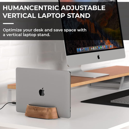 HumanCentric Vertical Laptop Stand in Black Walnut Wood, Upright Adjustable Holder and Dock, Laptop Vertical Stand Fits MacBook Pro and Other Laptops .5" to 1.5", Clamshell Compatible