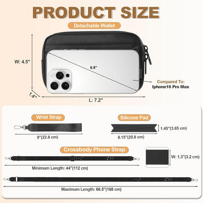 Clip and Go Strap for Phone with Wallet Crossbody, Adjustable Phone Lanyard with Detachable RFID Wristlet Wallet, Black (L)