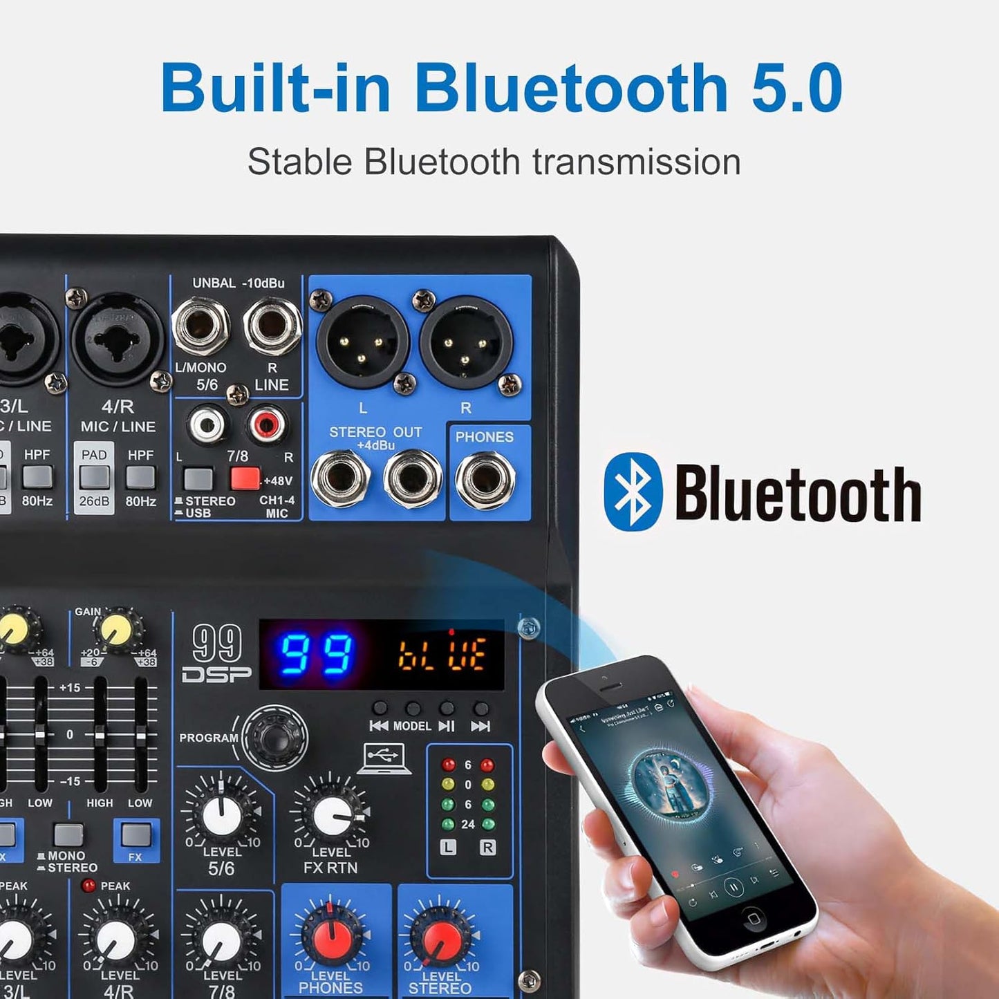 Dj Mixers 8 Channel Audio Mixer Sound Board with Bluetooth, Usb Audio Interface with Sound Card Recording and 48V Phantom Power Sounds Mixer Board with 99 DSP FX Reverb Delay Effect for Streaming