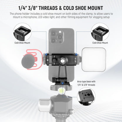 Neewer Phone Tripod Mount Adapter with Arca Type QR Base, Cold Shoe, 1/4" 3/8" Holes, 360° Swivel 180° Tilt, Phone Holder Compatible with iPhone Samsung Arca Swiss DJI RS 4 Pro 3 2 Stabilizer, SP-18