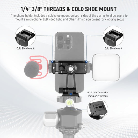 Neewer Phone Tripod Mount Adapter with Arca Type QR Base, Cold Shoe, 1/4" 3/8" Holes, 360° Swivel 180° Tilt, Phone Holder Compatible with iPhone Samsung Arca Swiss DJI RS 4 Pro 3 2 Stabilizer, SP-18