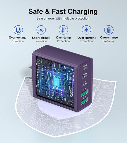 [2Pack] 50W USB C Plug,5-Port Fast Charger Block PD+QC Cube Wall Charging Box Brick for iPhone 16/15/14/13 for Samsung Galaxy S24/S23/S22/S21+/S21 Ultra, Magsafe Wireless Charger,(Purple)