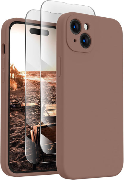 FireNova Designed for iPhone 15 Plus Case, Silicone [Camera Protection] Case with [2 Screen Protectors], Soft Anti-Scratch Microfiber Lining Inside, 6.7 inch, Light Brown