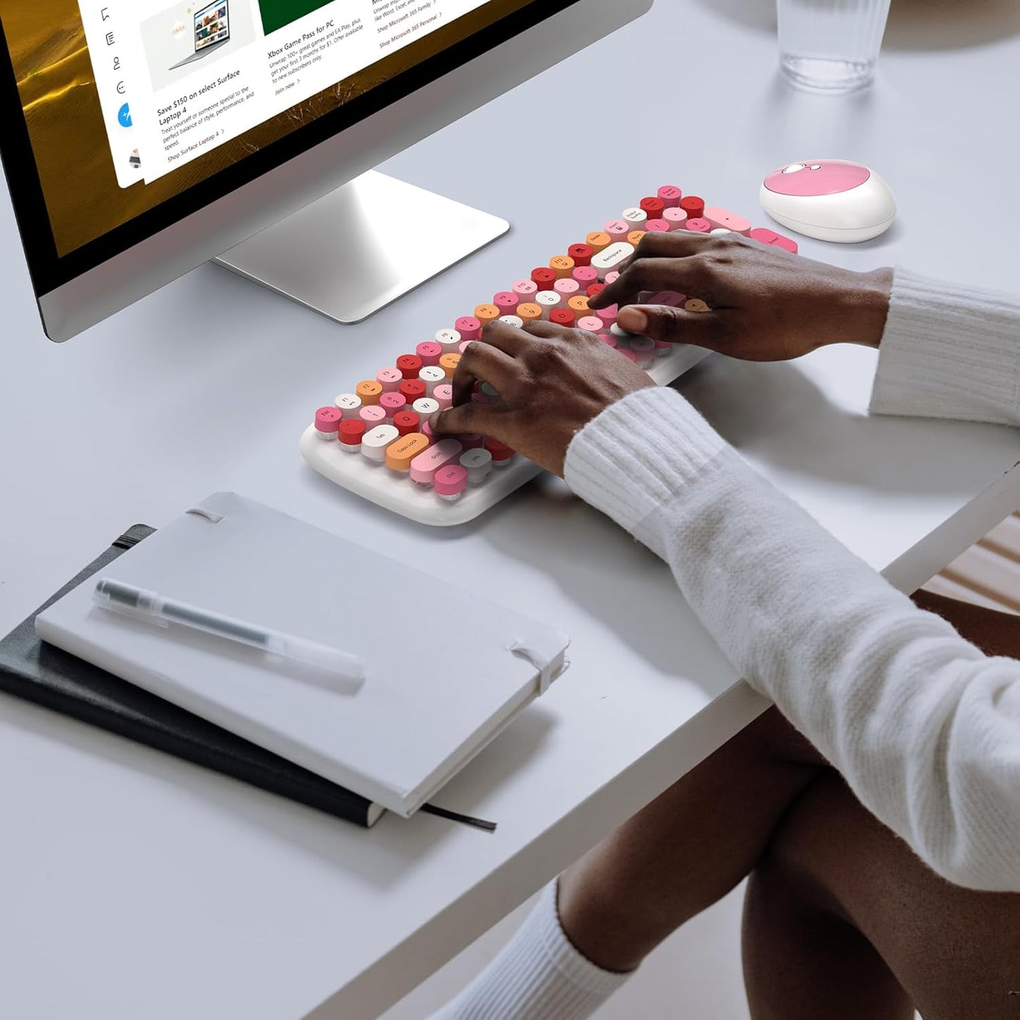 KNOWSQT Wireless Keyboard and Mouse Combo, White Mixed 100 Keys 2.4 GHz Round Keycap Typewriter Keyboards, USB Receiver Plug and Play, for Windows, PC, Laptop, Computer, Desktop