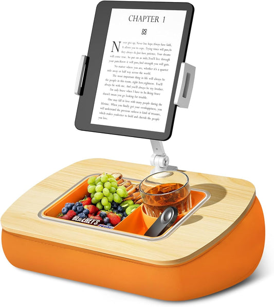 Lap Beanbag Tablet Pillow Stand with Snack Bowl and 360° Rotating Arm, Adjustable iPad Holder for Bed, Couch, and Recliner, Compatible with 4.7"-13" Kindle, iPad, Tablet, Phone,Orange