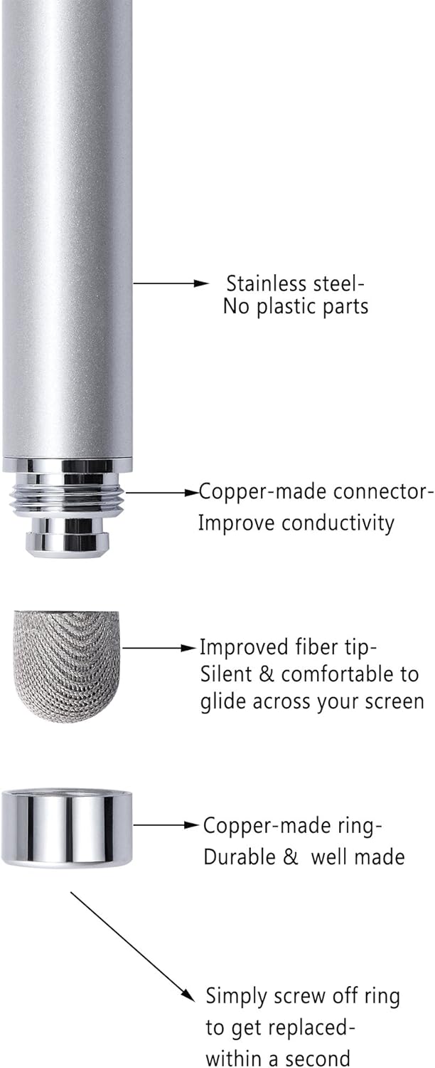 Stylus Pens, CCIVV 4 Pcs 5.6 Inches Mesh Tip Stylus for Touch Screens, iPad, iPhone, Kindle Fire, 4 Extra Replaceable Hybrid Fiber Tips (White, Black, Silver, Blue)