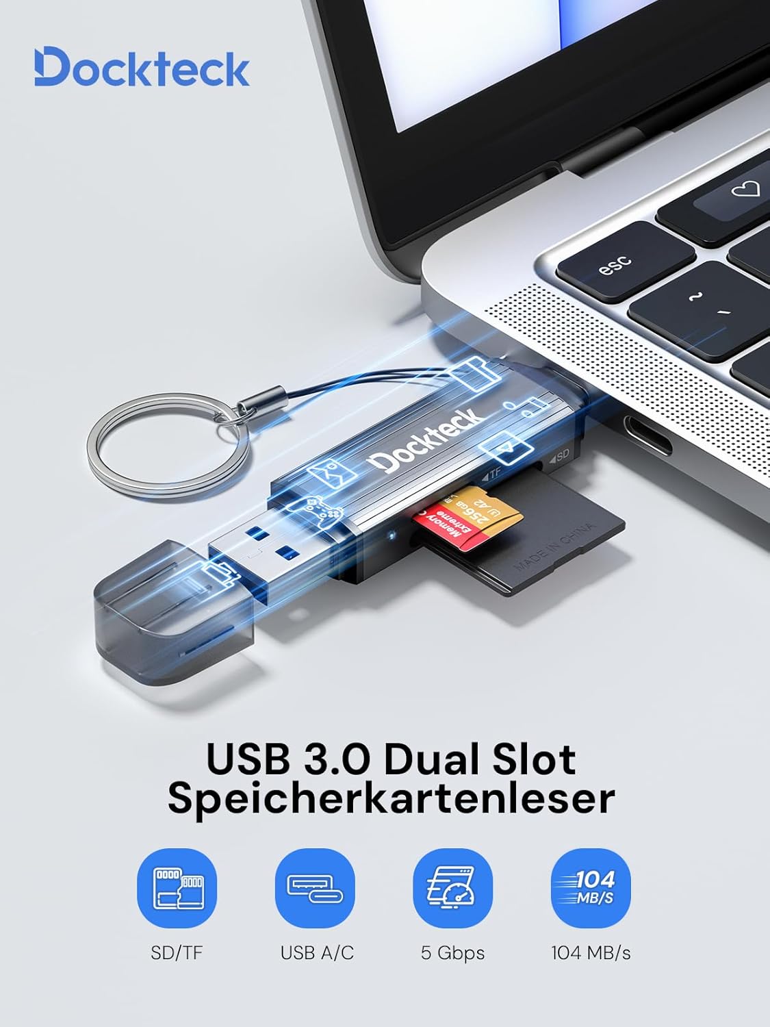 SD Card Reader, Dockteck USB 3.0 Card Reader to Micro SD Card Adapter to SD TF Memory Stick, Dual-Slot OTG Reader for UHS-I SD/Micro SD/SDHC/SDXC/MMC, for MacBook,iPad Pro/Air, iPhone 15, Android