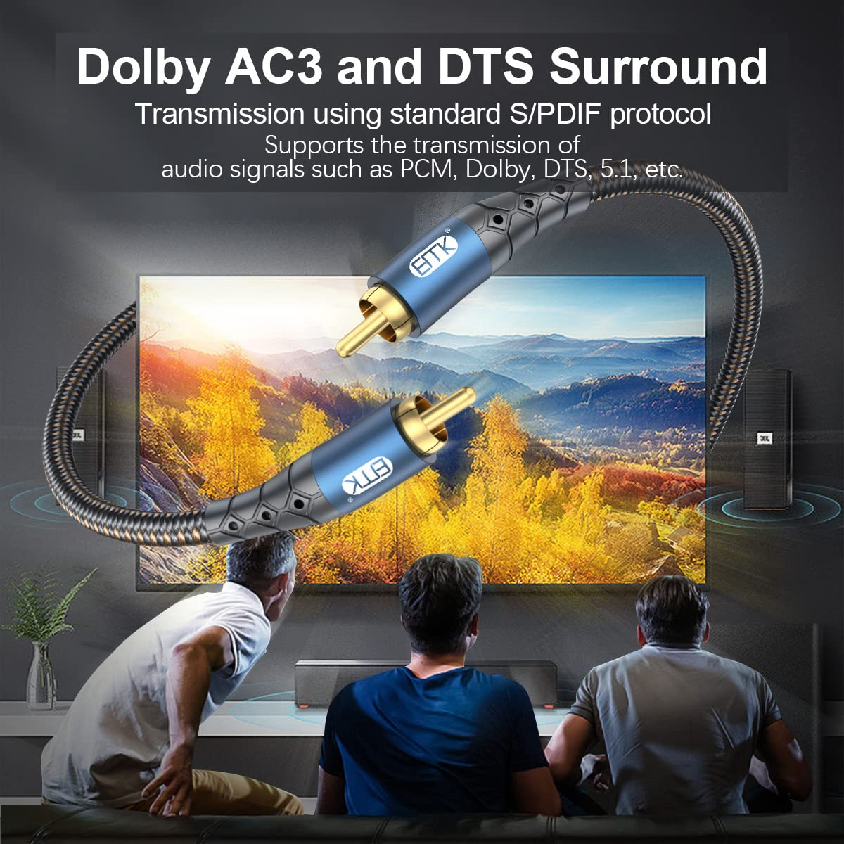 EMK Subwoofer Cable RCA to RCA Audio Cable 24K Gold-Plated Nylon Braided Double Shielded Digital Analogue Supports Amplifiers,Home Theater,Hi-Fi Systems,Subwoofer(6.6ft/2m)