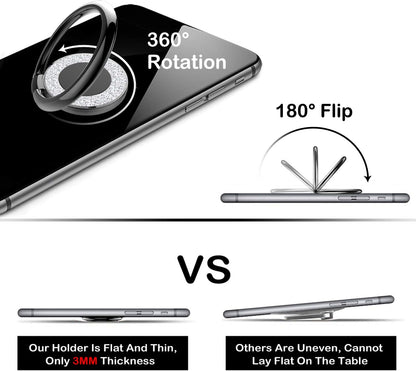 Cell Phone Ring Holder Stand, Cell Phone Grip Holder, Adhesive Phone Grip for Phones and Cases. (Glitter Black)