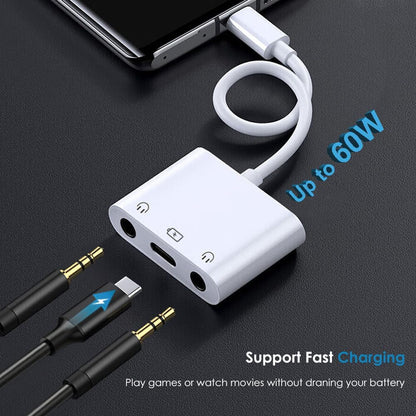 USB-C to Dual 3.5mm Headphone Jack Adapter USB C to 3.5mm Audio Adapter 3 in 1 Aux to USB C Headphone Splitter and Fast Charge Adapter for iPhone 16 15/iPad Pro/Galaxy 24 23 22/Pixel 9 8 7 and more