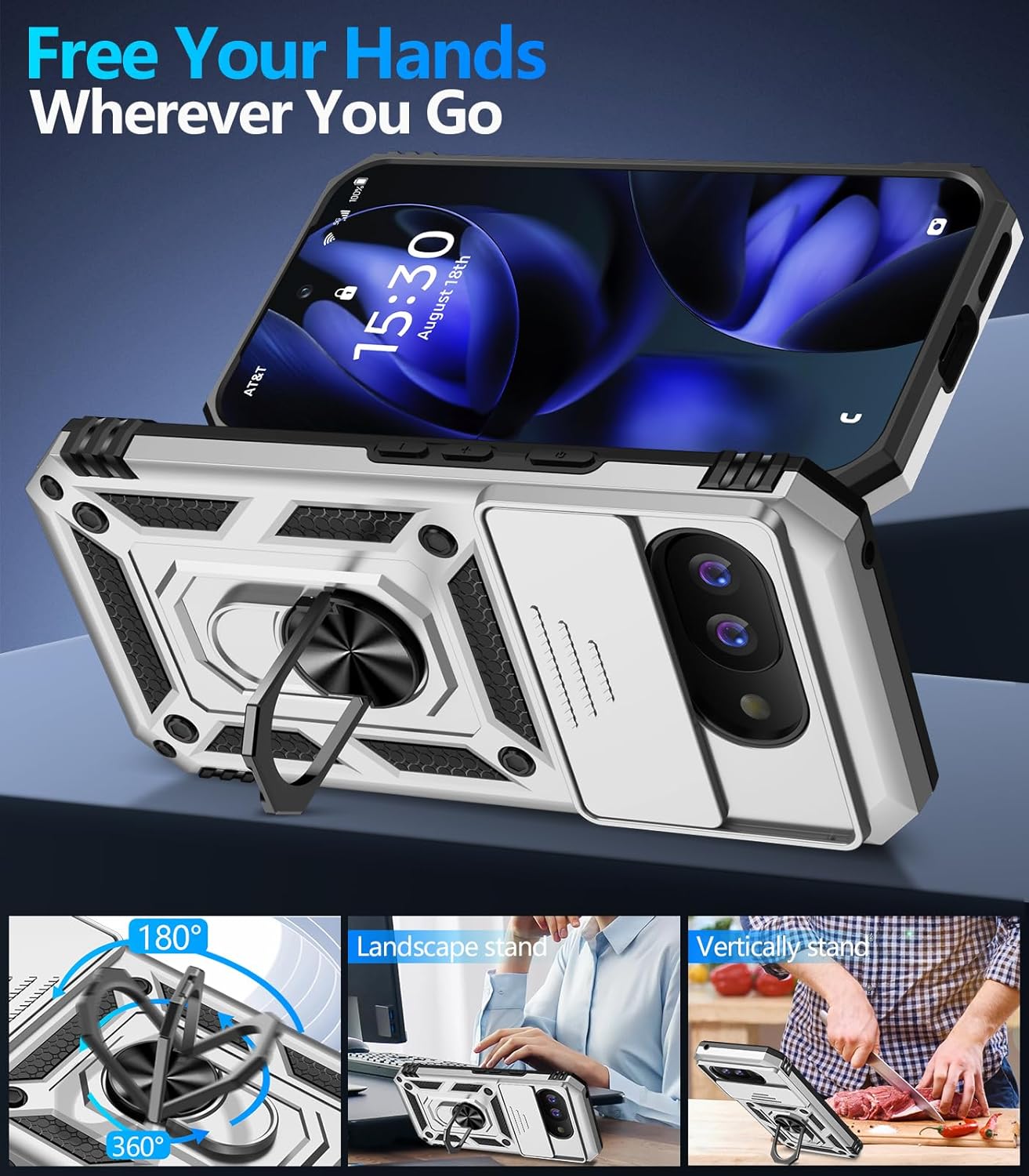 Taisairu for Google Pixel 9A Case with Screen Protector & Slide Camera Lens Cover, Built-in 360°Rotate Magnetic Ring Stand Shockproof Protective Phone Case for Google Pixel 9A Case (Silver)