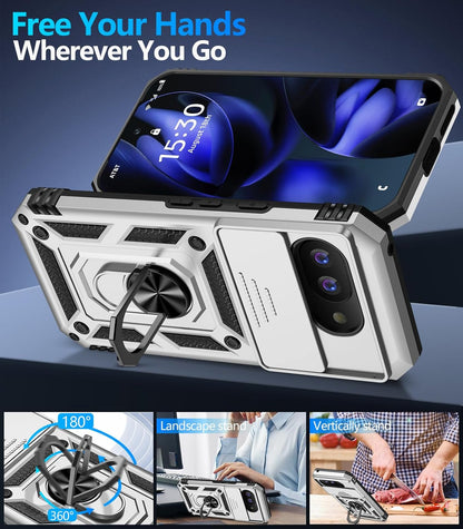 Taisairu for Google Pixel 9A Case with Screen Protector & Slide Camera Lens Cover, Built-in 360°Rotate Magnetic Ring Stand Shockproof Protective Phone Case for Google Pixel 9A Case (Silver)