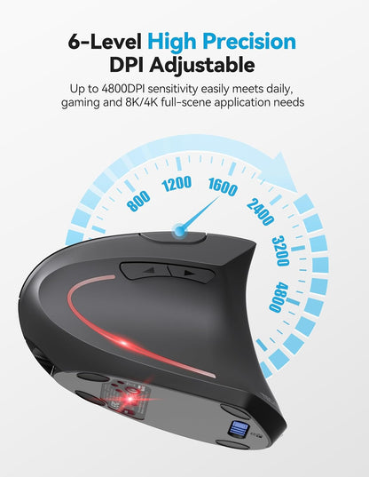 TECKNET Ergonomic Mouse, Rechargeable 2.4G+Bluetooth Vertical Mice 6 DPI Adjustable, Wireless Optical Carpal Tunnel Mouse for Right Hand, Silent 6 Buttons for Laptop, PC, MacBook, iPad - Grey