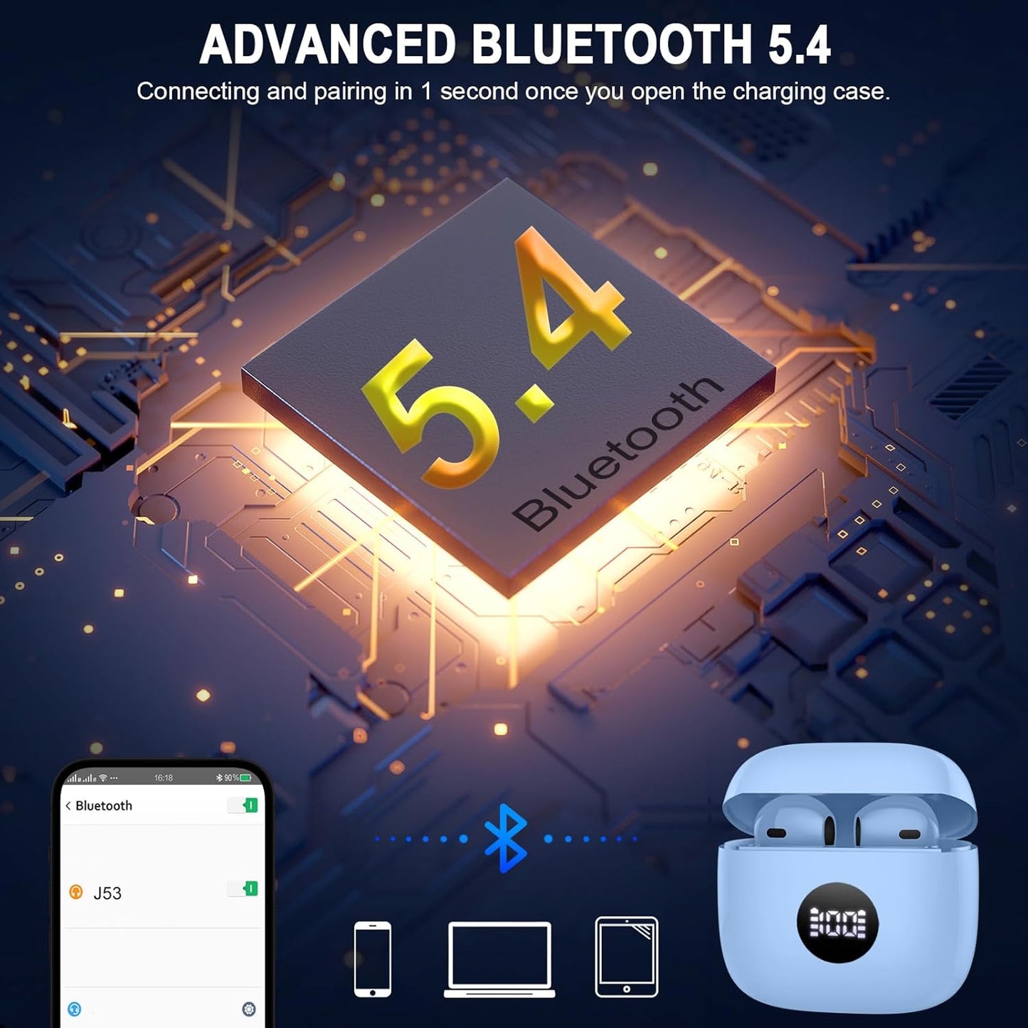 Wireless Earbuds, Bluetooth 5.3 Ear Buds LED Power Display Headphones Bass Stereo, Bluetooth Earbuds in-Ear Noise Cancelling Mic, 40H Playback Mini Case IP7 Waterproof Sports Earphones for Android iOS