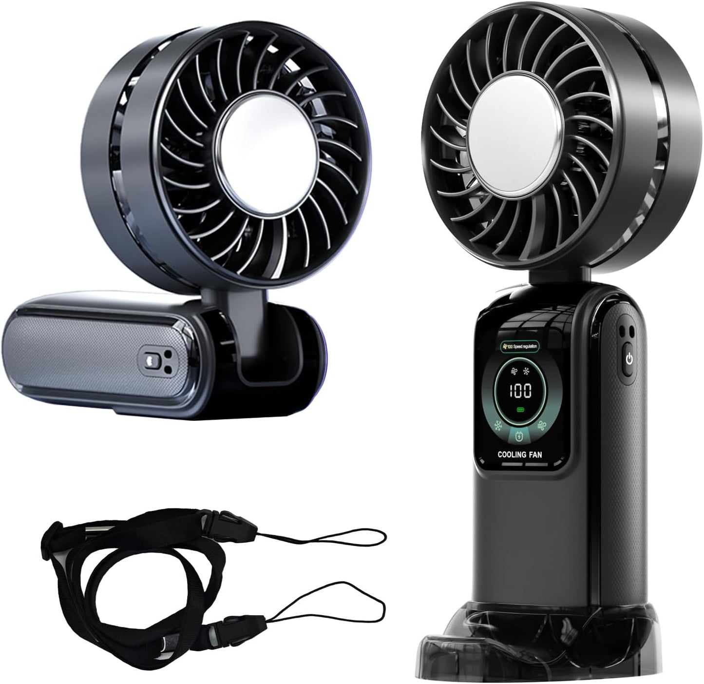 Blows Cold Air Portable Handheld Fan with Stand & Lanyard, 5000mAh USB-C Rechargeable Battery, 12H/5-Speed LED Display Mini Fan for Travel Beach Cruise Concerts Outdoor Events(Black)