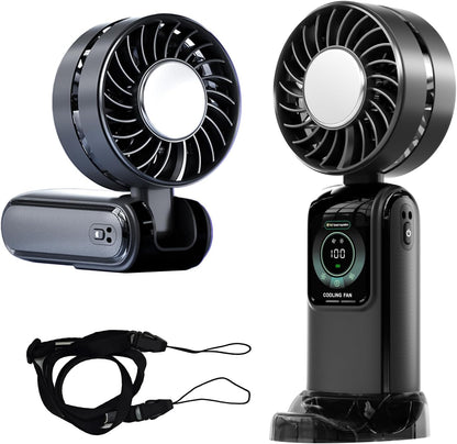Blows Cold Air Portable Handheld Fan with Stand & Lanyard, 5000mAh USB-C Rechargeable Battery, 12H/5-Speed LED Display Mini Fan for Travel Beach Cruise Concerts Outdoor Events(Black)