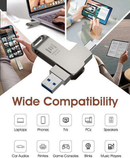 MOSDART 64GB USB3.1 Fast Speed C and A Dual Flash Drive, exFAT Memory Stick with Keychain Loop, for iPhone 15 and 16, Android Phone, iPad, MacBook, Silver