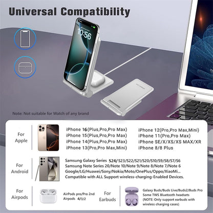 2 in 1 Wireless Charger,Foldable 20W Fast Wireless Charging Stand Compatible with iPhone 16/16 Pro/15/14/13/12/X/AirPods,Dual Phone Induction Charge Station for Samsung,Pixel,Xperia,LG(No Plug)