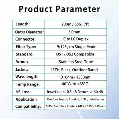 200M/656FT LC to LC Armored Outdoor Fiber Optic Cable, Single Mode Duplex 9/125μm SMF Fiber Patch Cord, OS1/OS2 Compatible, Black LSZH Jacket, Uniboot Jumper for FTTH, Data Center, Long-Distance Use