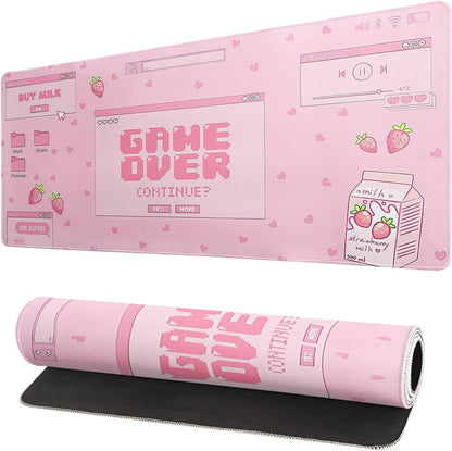 Pink Gaming Mouse Pad 31.5x11.8 Inch Pastel Game Over Large Mousepad Kawaii Office Decor for Women Non-Slip Rubber Base Stitched Edges Keyboard Mouse Mat Desk Pad for Office Home and Game