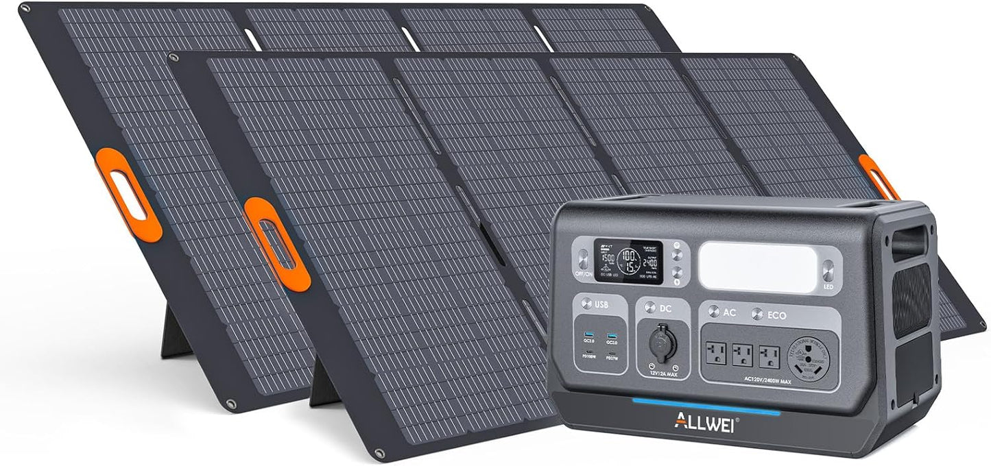 ALLWEI LiFePO4 Solar Generator 2400W(Surge 4800W) with 2x 400W Solar Panels, 2048Wh Portable Power Station, 4 AC Outlet, Expandable to 10240Wh, UPS Battery Generator for Outdoor RV Camping Home Use