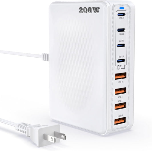 200W GaN III 8-Ports USB C Fast Charger, Type C Block, QC4.0 Fast Phone Charging Station Hub PD 65W Laptop Charger Power Adapter for iPad/Air/Pro iPhone 16/15 MacBook Pro/Air, Galaxy Phones, Tablet