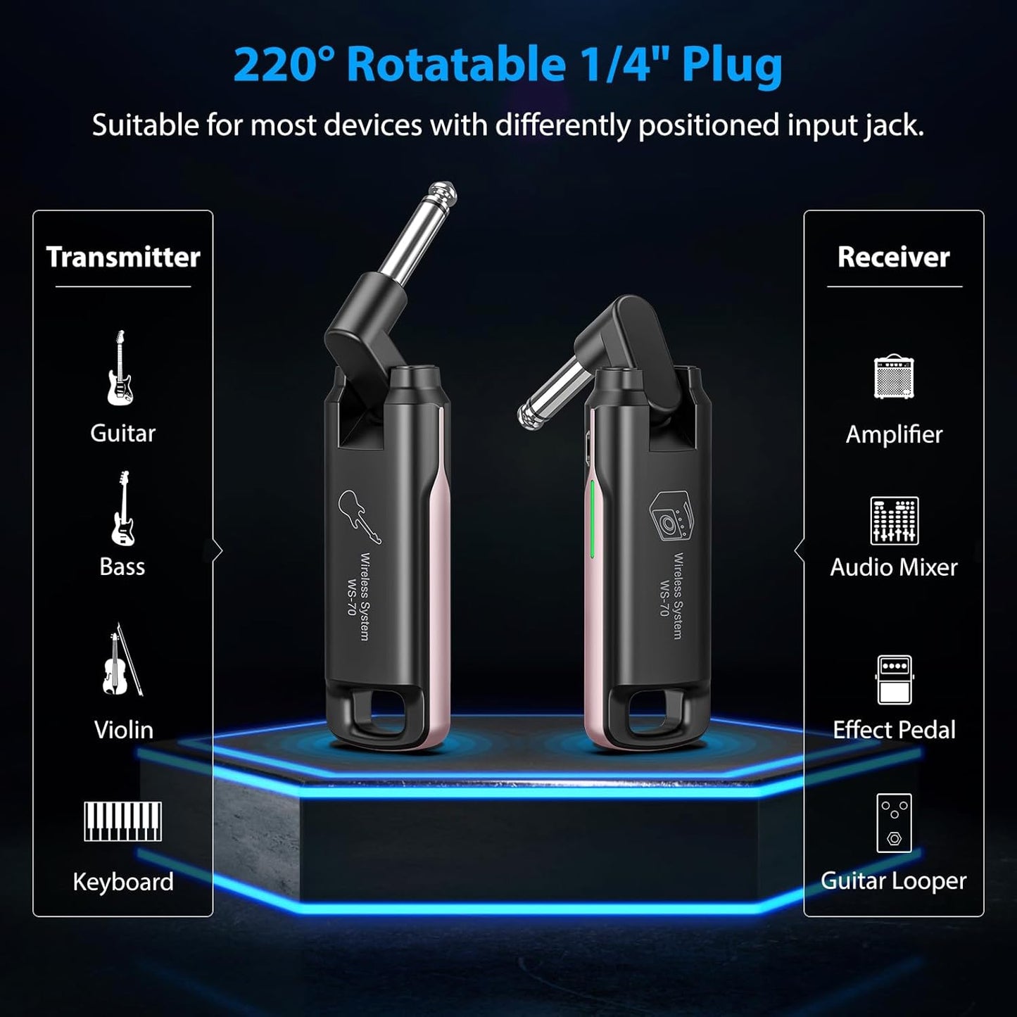 LEKATO Wireless Guitar System UHF Wireless Guitar Transmitter Receiver Rechargeable Audio Bass Cable with 70 Channels for Bass Electric Instruments(Pink)